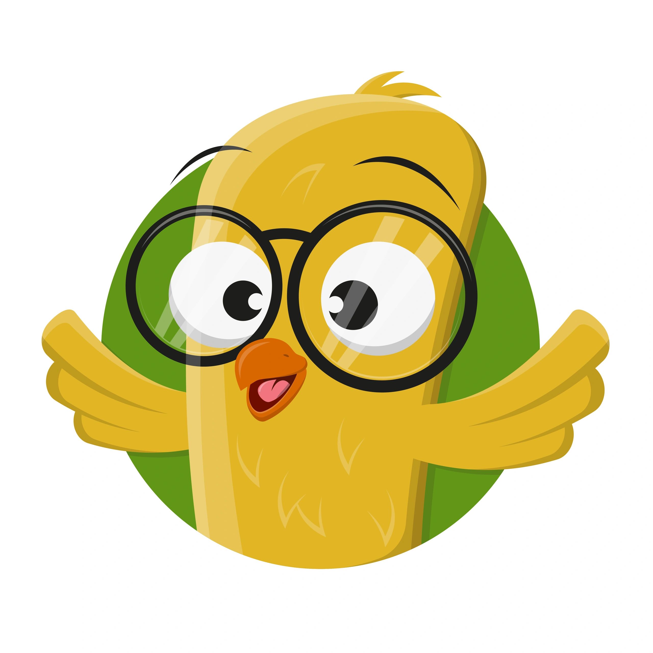 Funny illustrated bird with glasses used as a quirky cast portrait