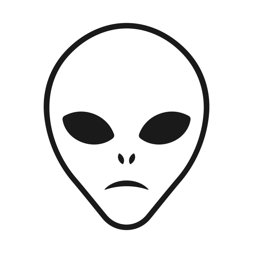 Alien head vector sign. Humanoid face symbol ico. Extraterrestrial logo. Science fiction label. Ufo and sci-fi character illustration image.