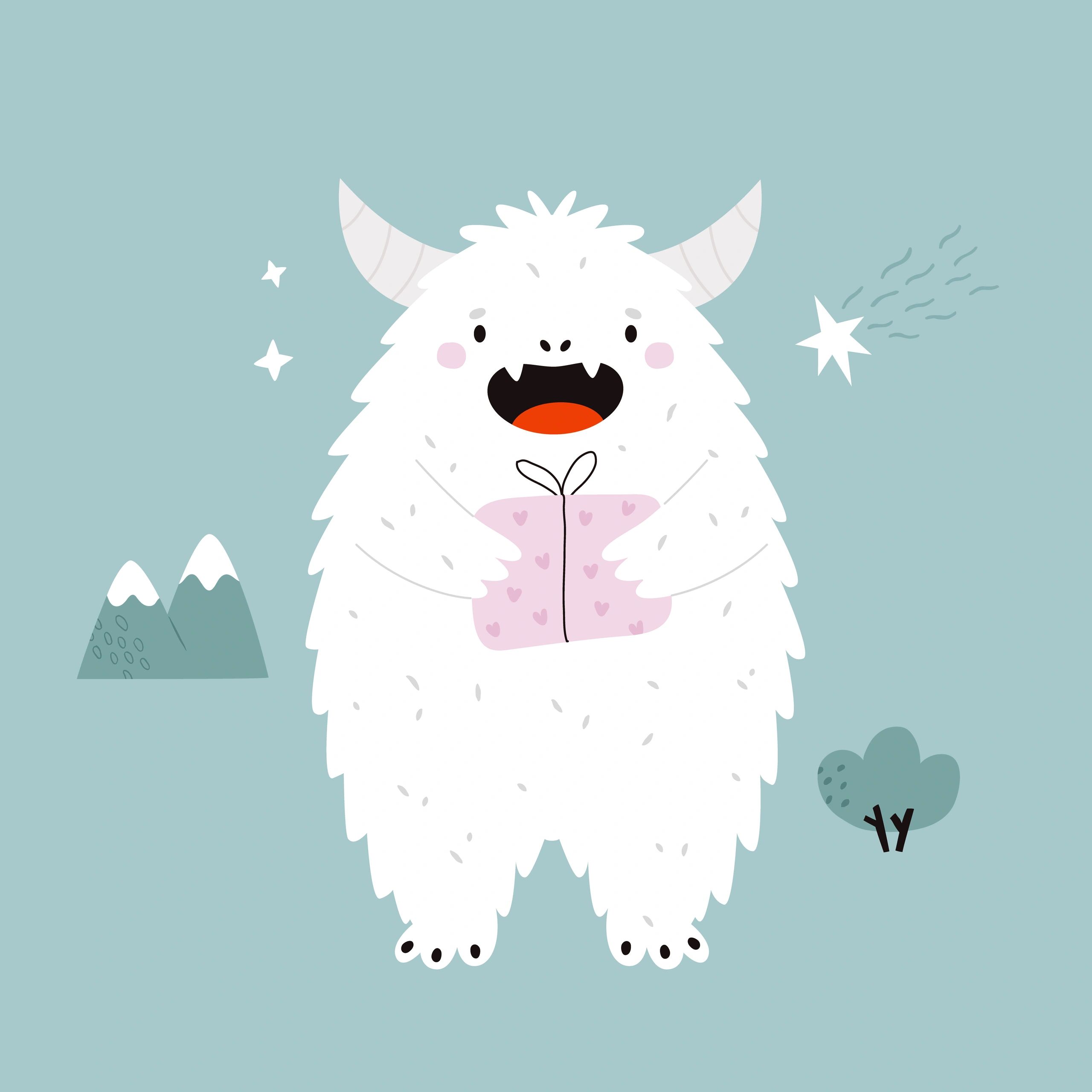 Cute yeti character holding a gift